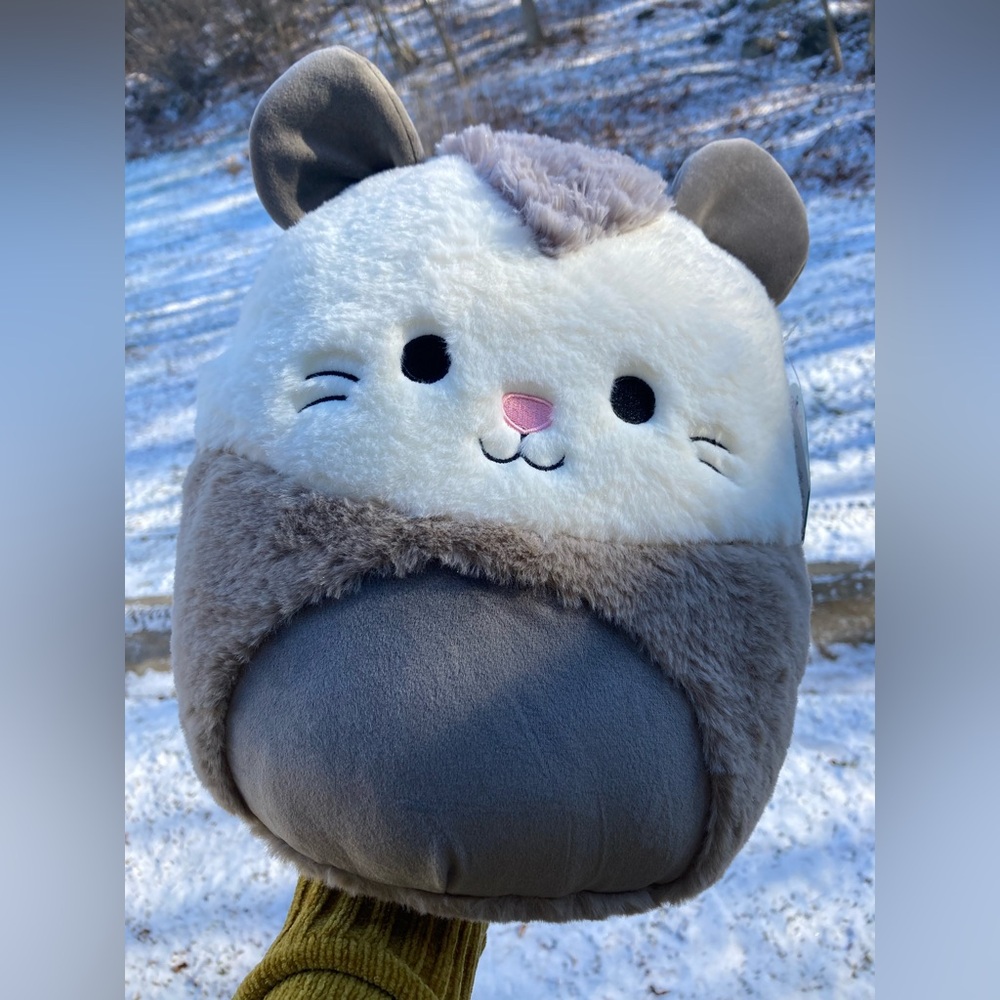 RARE Squishmallows Fuzzamallows Luanne 12" Fluffy White Grey Opossum Rat Mouse